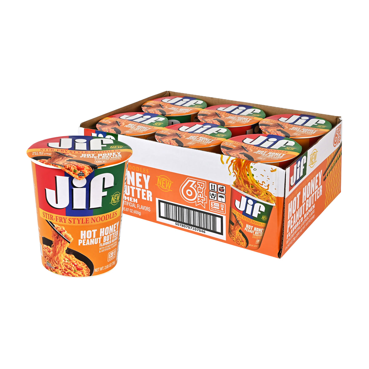 Jif™ Stir-Fry Style Noodles, Hot Honey Peanut Butter Flavored - Microwavable Cup, 2.65 oz. (75g), 6-Pack