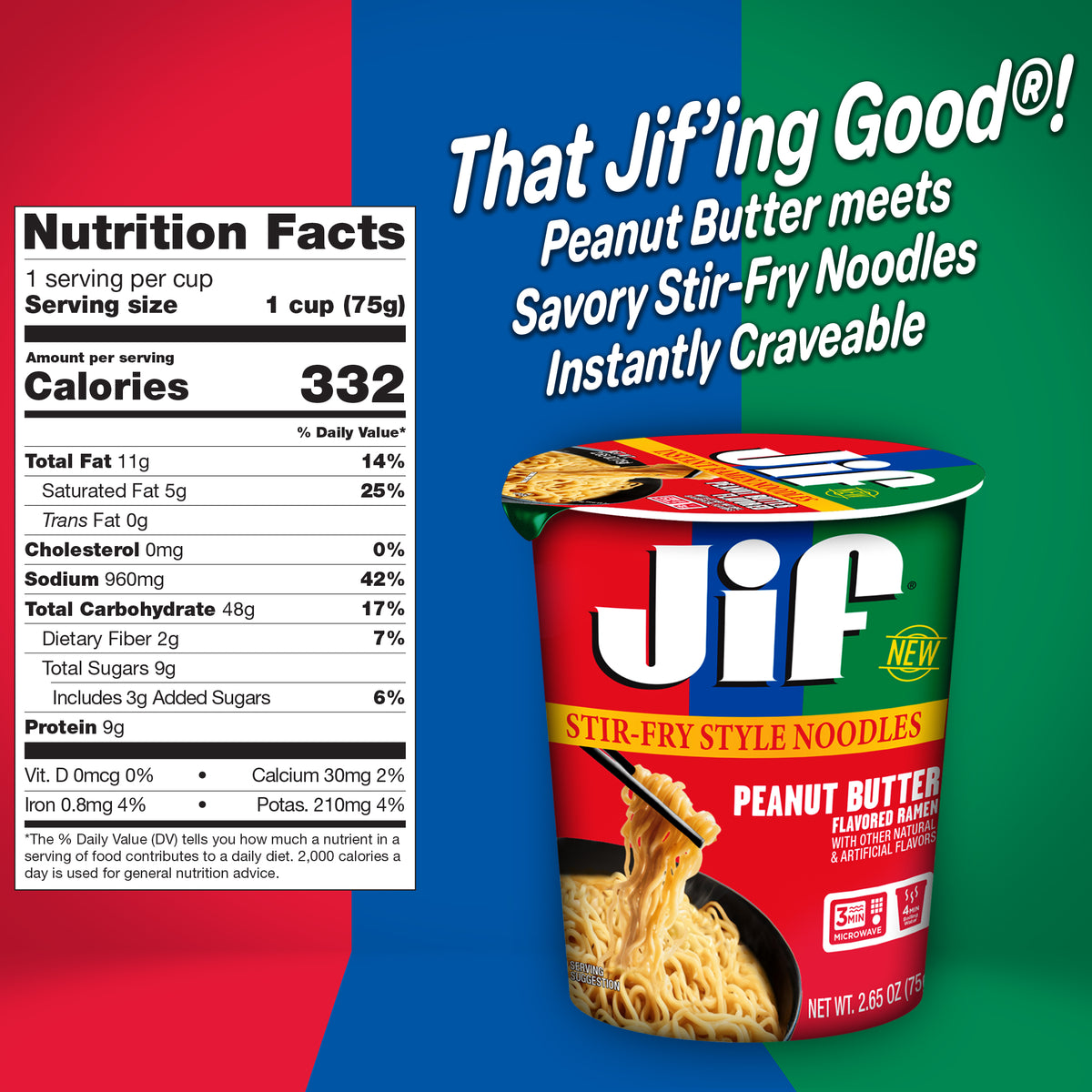 Jif™ Stir-Fry Style Noodles, Hot Honey Peanut Butter Flavored - Microwavable Cup, 2.65 oz. (75g), 6-Pack